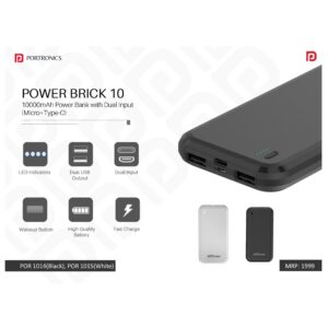 Portronics 10000mAh Power Bank with Dual Input (Micro+Type-C) - POR 1014/1015