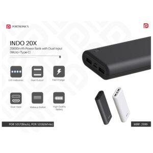 Portronics 20000mAh Power Bank with Dual Input (Micro+Type-C) - POR 1017/1018